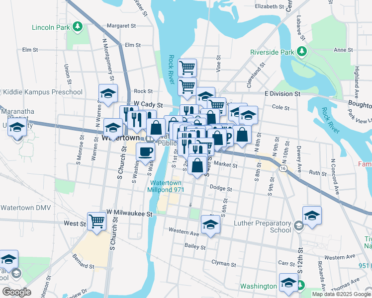 map of restaurants, bars, coffee shops, grocery stores, and more near 117 East Main Street in Watertown