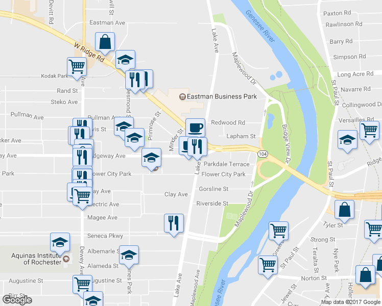 map of restaurants, bars, coffee shops, grocery stores, and more near 1495 Lake Avenue in Rochester
