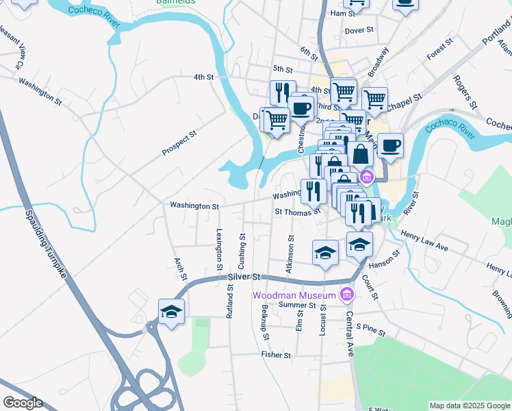 map of restaurants, bars, coffee shops, grocery stores, and more near 192 Washington Street in Dover