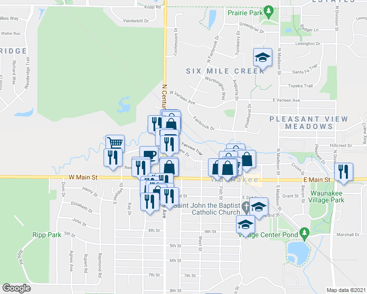 map of restaurants, bars, coffee shops, grocery stores, and more near 26 Fairview Trail in Waunakee