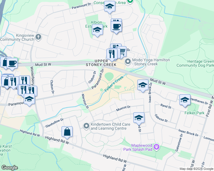 map of restaurants, bars, coffee shops, grocery stores, and more near 970 Paramount Drive in Hamilton