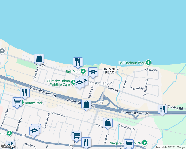 map of restaurants, bars, coffee shops, grocery stores, and more near 42 Auditorium Circle in Grimsby