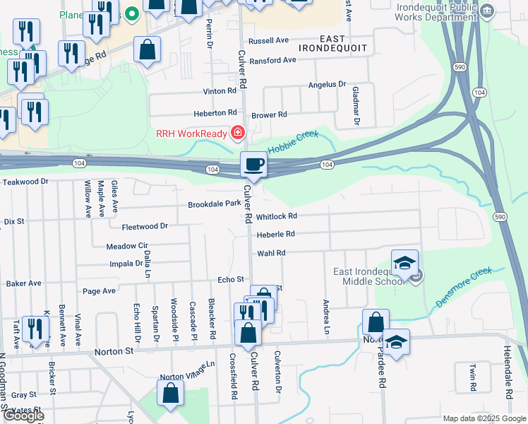 map of restaurants, bars, coffee shops, grocery stores, and more near 870 Whitlock Road in Rochester