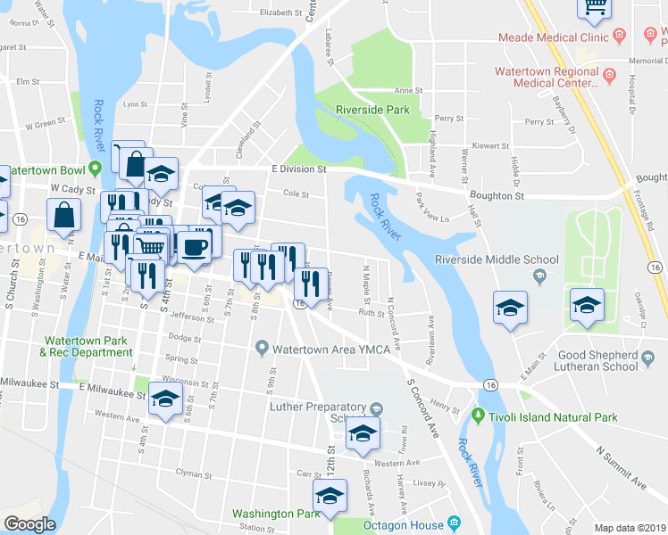 map of restaurants, bars, coffee shops, grocery stores, and more near 205 Dewey Avenue in Watertown