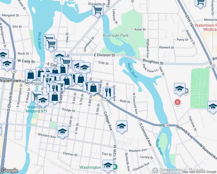 map of restaurants, bars, coffee shops, grocery stores, and more near 201 North 10th Street in Watertown