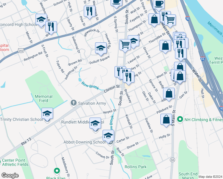 map of restaurants, bars, coffee shops, grocery stores, and more near 13 Clinton Street in Concord