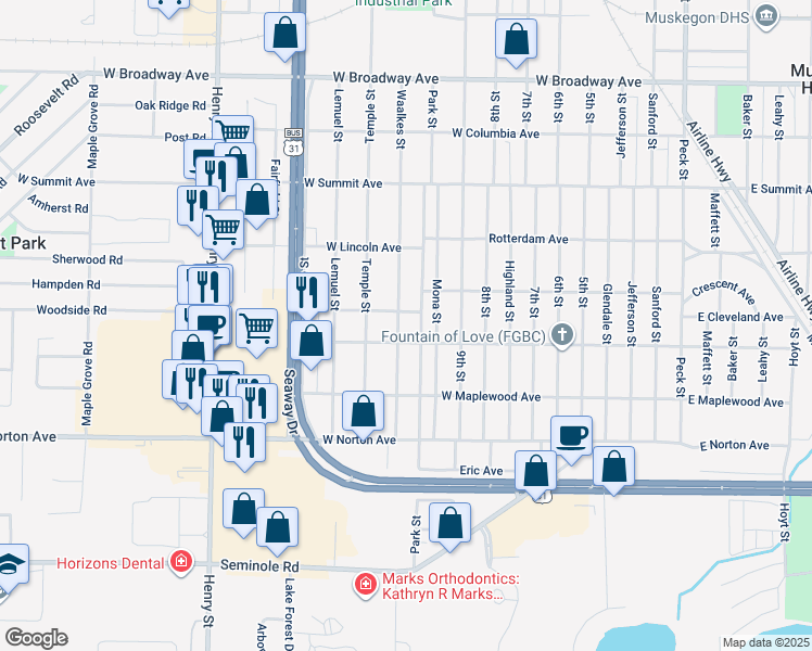 map of restaurants, bars, coffee shops, grocery stores, and more near 3228 Waalkes Street in Muskegon Heights