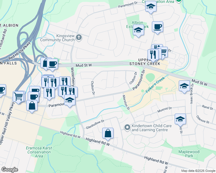 map of restaurants, bars, coffee shops, grocery stores, and more near 32 Arbutus Crescent in Hamilton