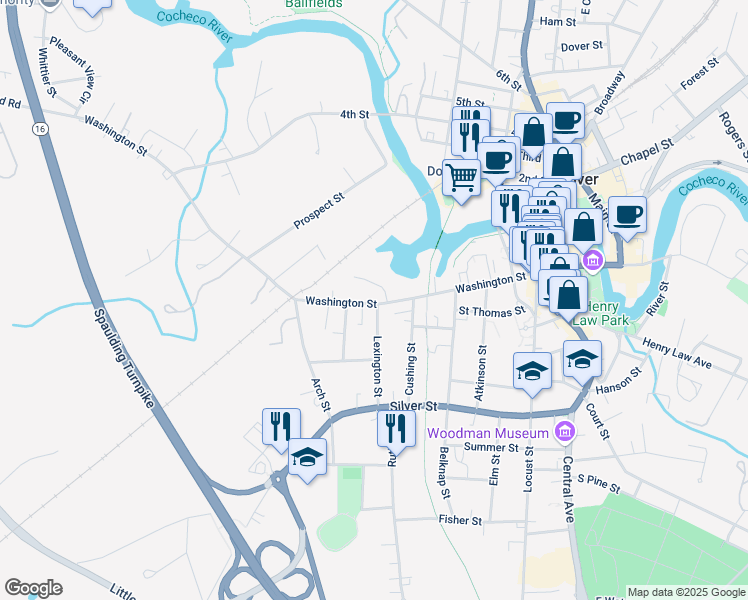 map of restaurants, bars, coffee shops, grocery stores, and more near 243 Washington Street in Dover