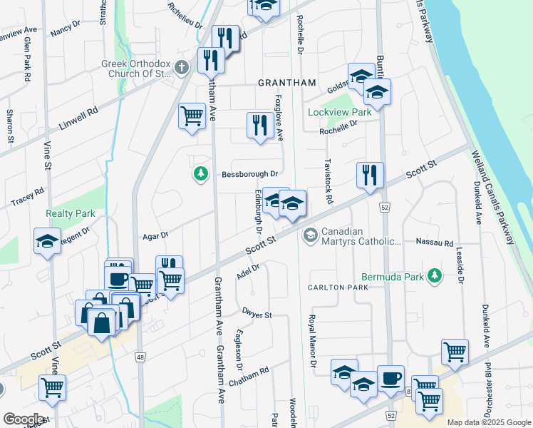map of restaurants, bars, coffee shops, grocery stores, and more near 14 Edinburgh Drive in St. Catharines