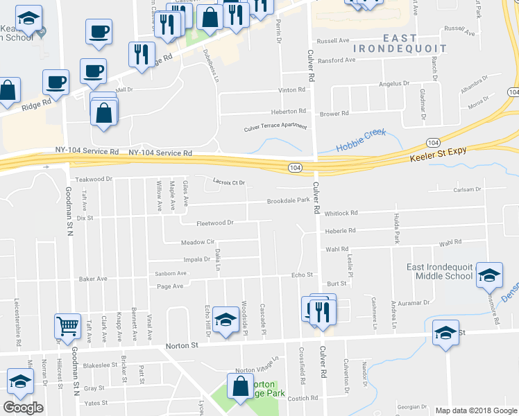 map of restaurants, bars, coffee shops, grocery stores, and more near 159 Brookdale Park in Rochester