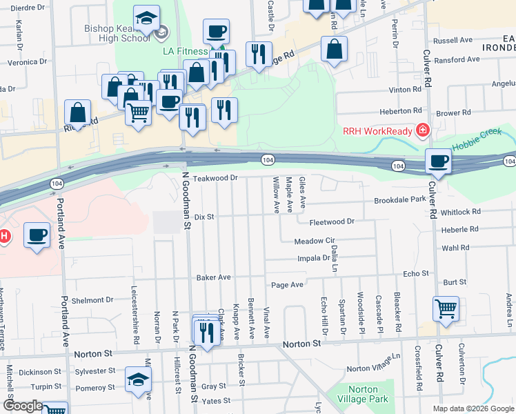 map of restaurants, bars, coffee shops, grocery stores, and more near 299 Vinal Avenue in Rochester