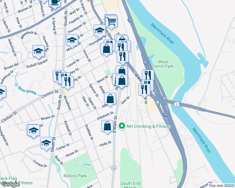 map of restaurants, bars, coffee shops, grocery stores, and more near 114 South State Street in Concord