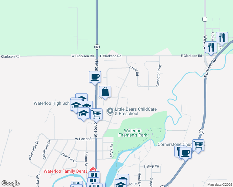 map of restaurants, bars, coffee shops, grocery stores, and more near 225 Anna Street in Waterloo