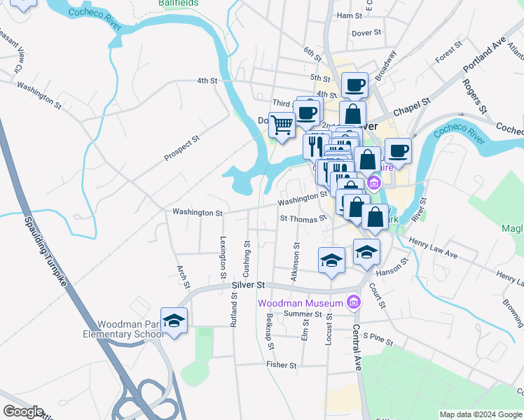 map of restaurants, bars, coffee shops, grocery stores, and more near 192 Washington Street in Dover