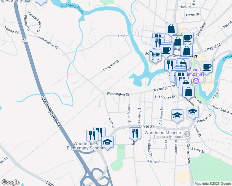 map of restaurants, bars, coffee shops, grocery stores, and more near 271 Washington Street in Dover