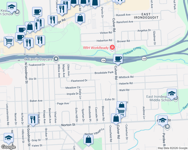 map of restaurants, bars, coffee shops, grocery stores, and more near 159 Brookdale Park in Rochester