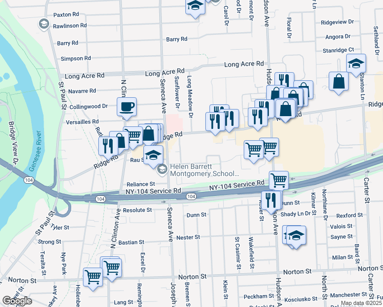 map of restaurants, bars, coffee shops, grocery stores, and more near 14-42 Seneca Manor Drive in Rochester