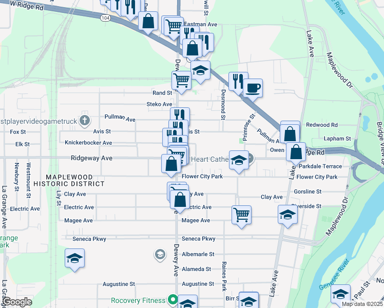 map of restaurants, bars, coffee shops, grocery stores, and more near 242 Ridgeway Avenue in Rochester