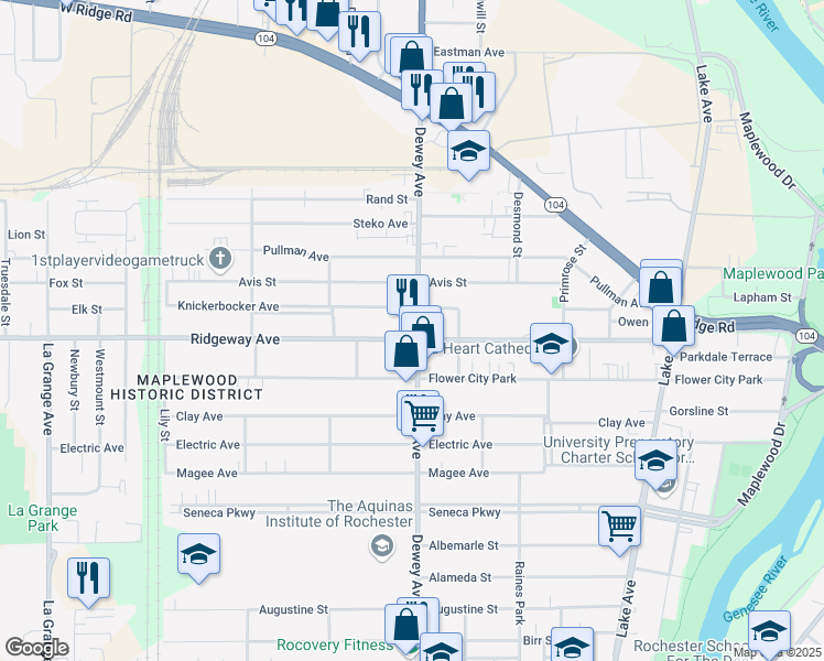 map of restaurants, bars, coffee shops, grocery stores, and more near in Rochester