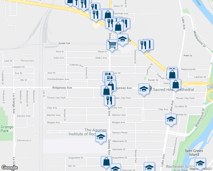 map of restaurants, bars, coffee shops, grocery stores, and more near 382 Ridgeway Avenue in Rochester