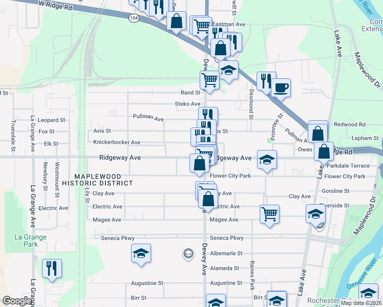 map of restaurants, bars, coffee shops, grocery stores, and more near 382 Ridgeway Avenue in Rochester