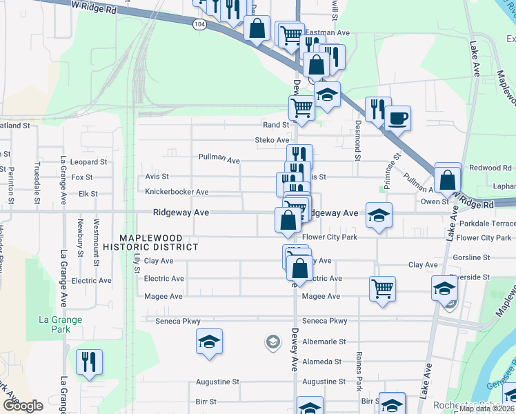 map of restaurants, bars, coffee shops, grocery stores, and more near 440 Ridgeway Avenue in Rochester