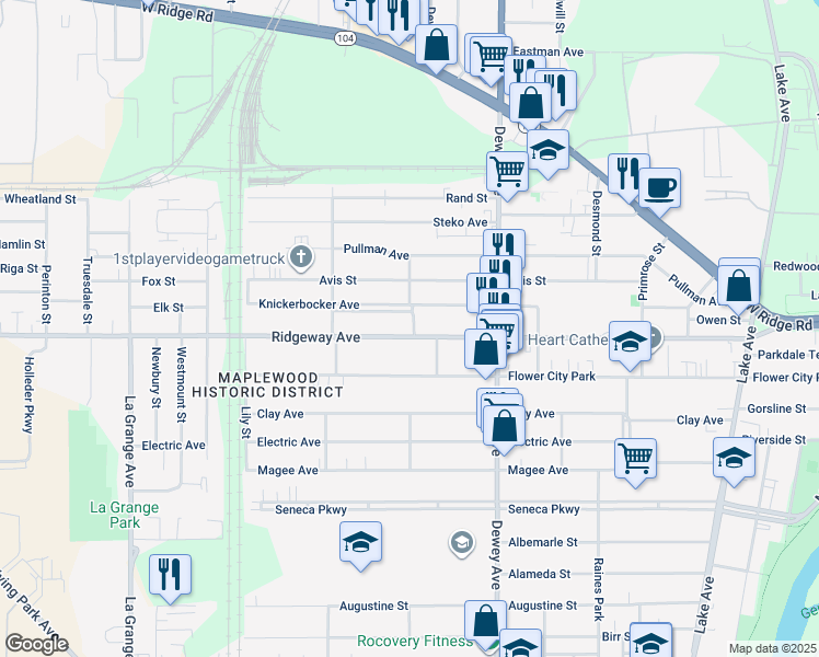 map of restaurants, bars, coffee shops, grocery stores, and more near 490 Ridgeway Avenue in Rochester