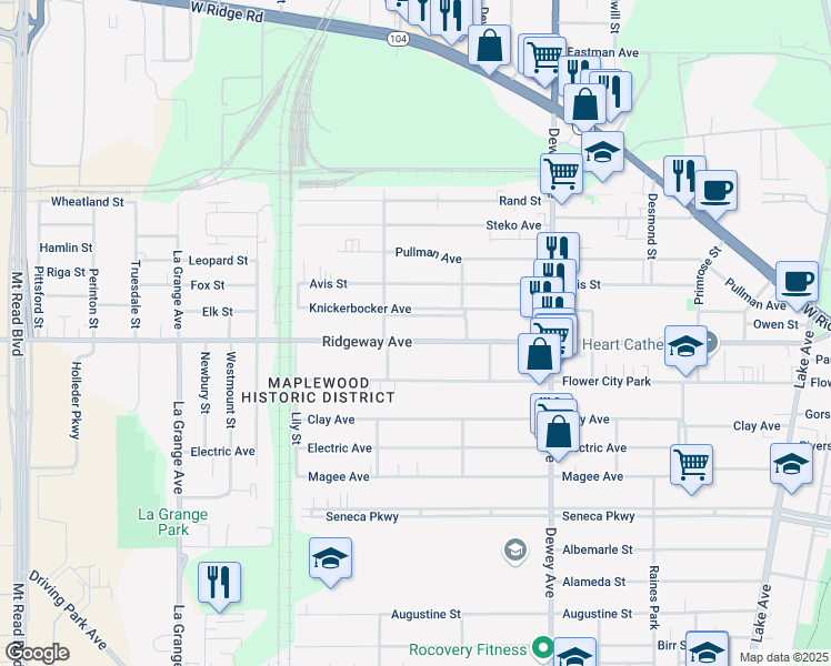 map of restaurants, bars, coffee shops, grocery stores, and more near 548 Ridgeway Avenue in Rochester