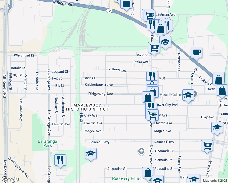 map of restaurants, bars, coffee shops, grocery stores, and more near 548 Ridgeway Avenue in Rochester