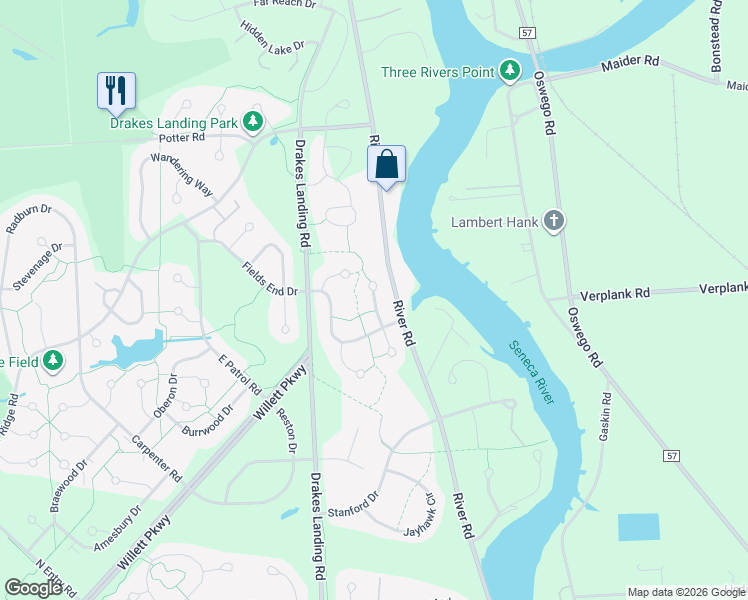 map of restaurants, bars, coffee shops, grocery stores, and more near River Watch in Baldwinsville