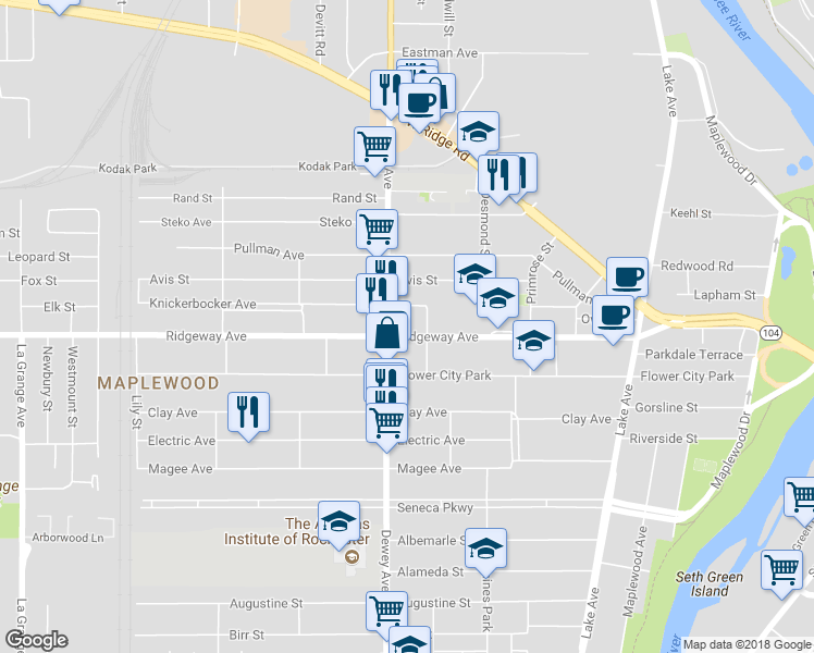 map of restaurants, bars, coffee shops, grocery stores, and more near 314 Ridgeway Avenue in Rochester