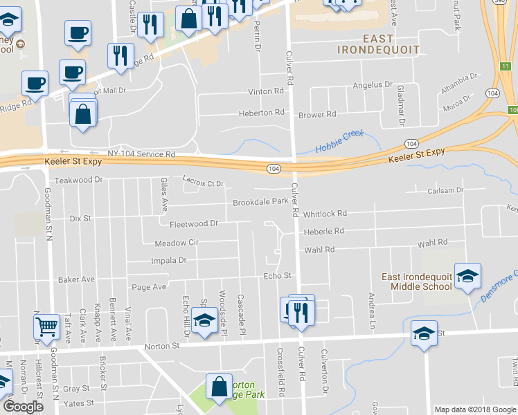 map of restaurants, bars, coffee shops, grocery stores, and more near 205 Brookdale Park in Rochester