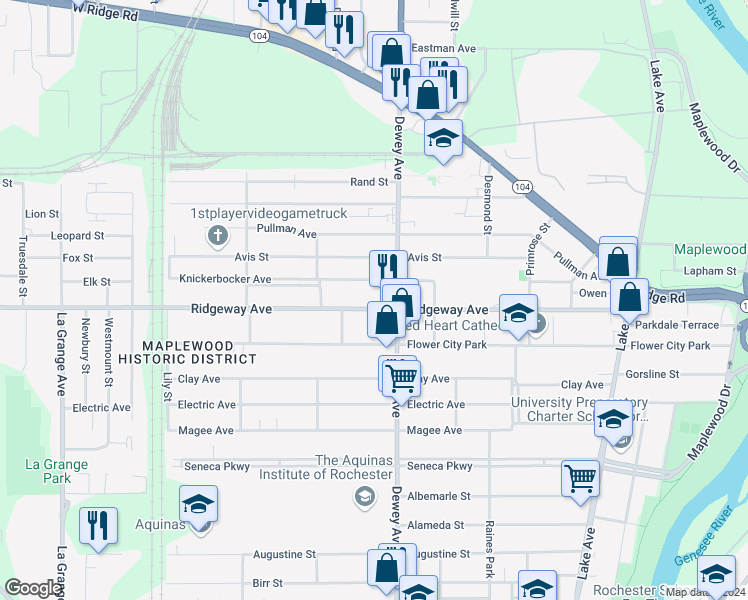 map of restaurants, bars, coffee shops, grocery stores, and more near 382 Ridgeway Avenue in Rochester