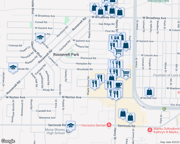 map of restaurants, bars, coffee shops, grocery stores, and more near 3224 Maple Grove Road in Muskegon