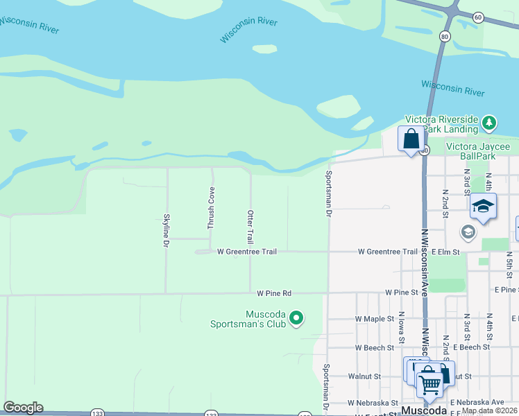 map of restaurants, bars, coffee shops, grocery stores, and more near 19010 Otter Trail in Muscoda