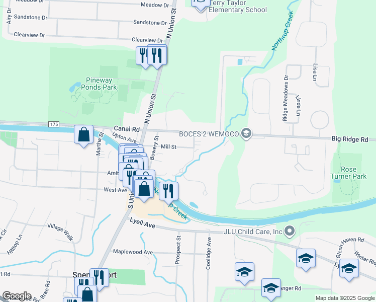 map of restaurants, bars, coffee shops, grocery stores, and more near 11 Mill Street in Spencerport