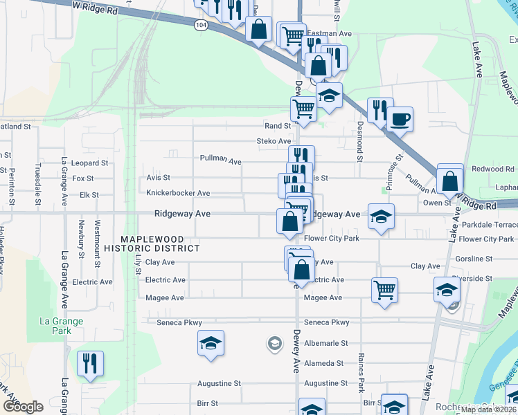 map of restaurants, bars, coffee shops, grocery stores, and more near 440 Ridgeway Avenue in Rochester
