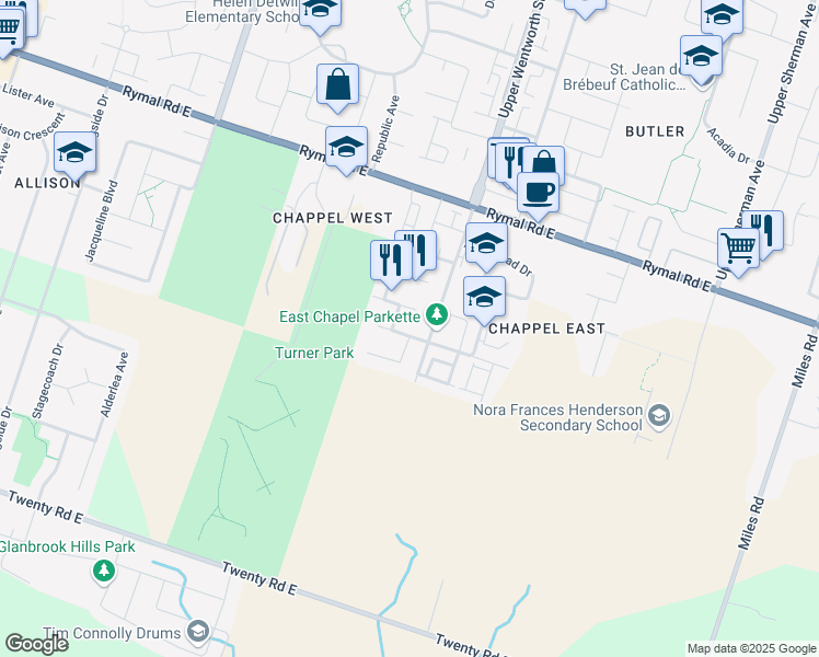 map of restaurants, bars, coffee shops, grocery stores, and more near 51 Vineberg Drive in Hamilton