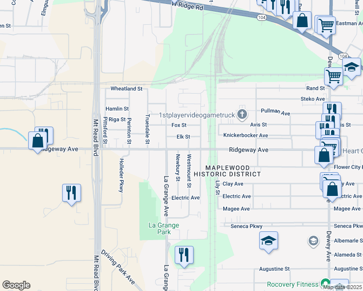 map of restaurants, bars, coffee shops, grocery stores, and more near 812 Ridgeway Avenue in Rochester