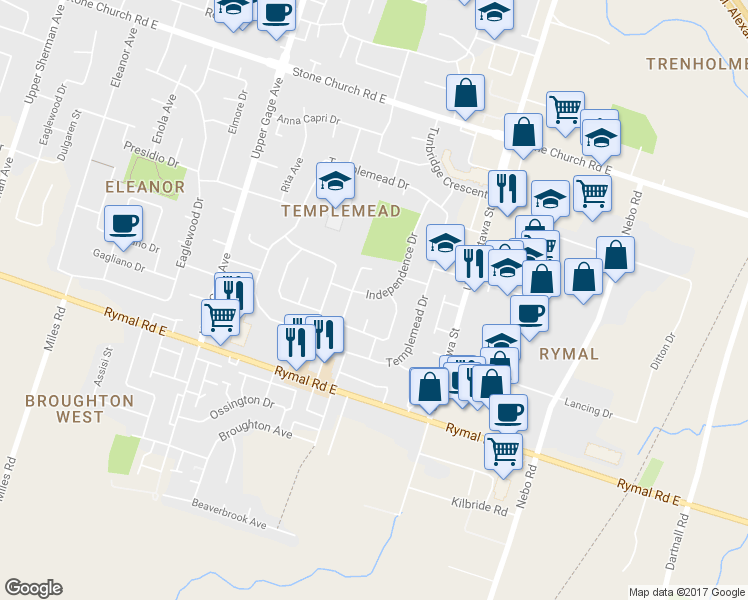 map of restaurants, bars, coffee shops, grocery stores, and more near 131 Independence Drive in Hamilton