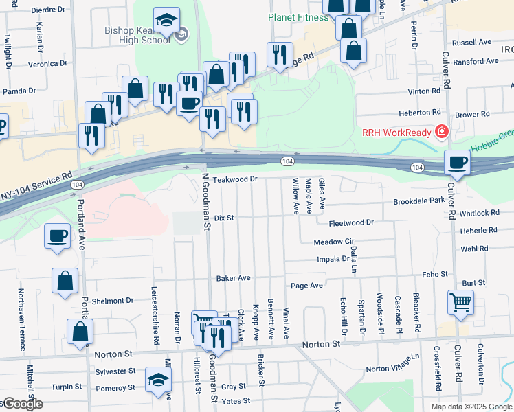 map of restaurants, bars, coffee shops, grocery stores, and more near 301 Knapp Avenue in Irondequoit