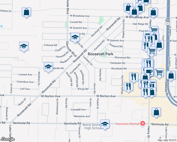 map of restaurants, bars, coffee shops, grocery stores, and more near 3230 Glenside Boulevard in Muskegon