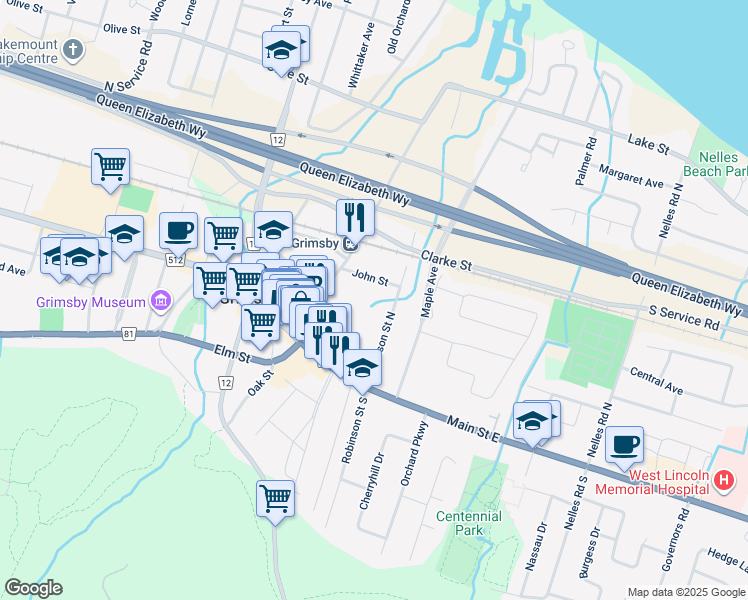 map of restaurants, bars, coffee shops, grocery stores, and more near 20 John Street in Grimsby
