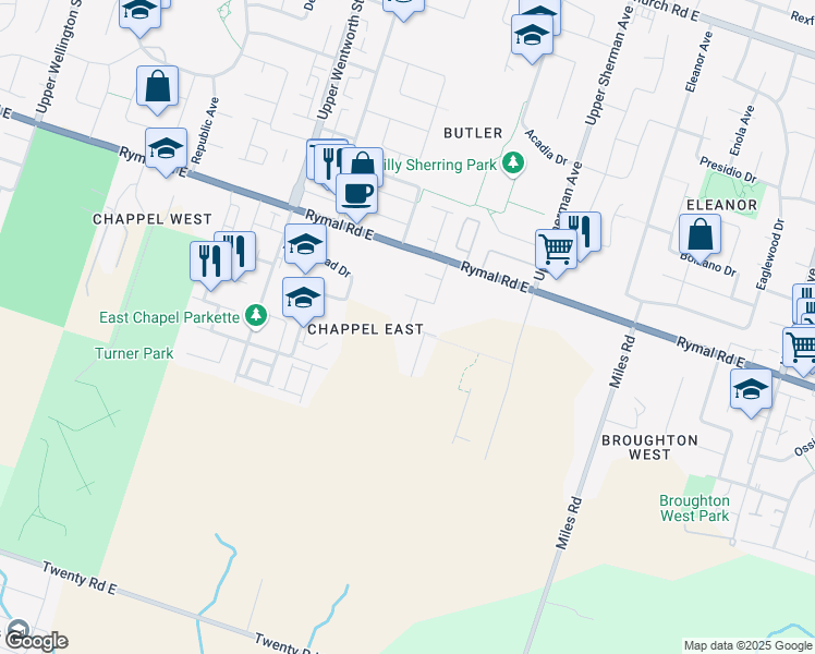 map of restaurants, bars, coffee shops, grocery stores, and more near 30 Wagner Drive in Hamilton