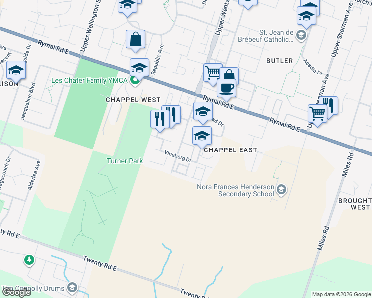 map of restaurants, bars, coffee shops, grocery stores, and more near 1809 Upper Wentworth Street in Hamilton
