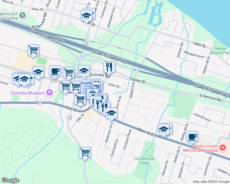 map of restaurants, bars, coffee shops, grocery stores, and more near 20 John Street in Grimsby