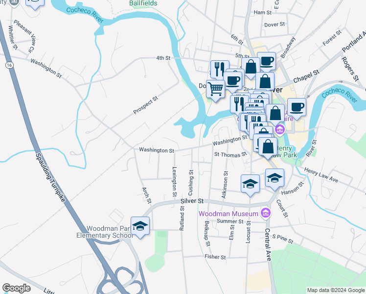 map of restaurants, bars, coffee shops, grocery stores, and more near 219 Washington Street in Dover