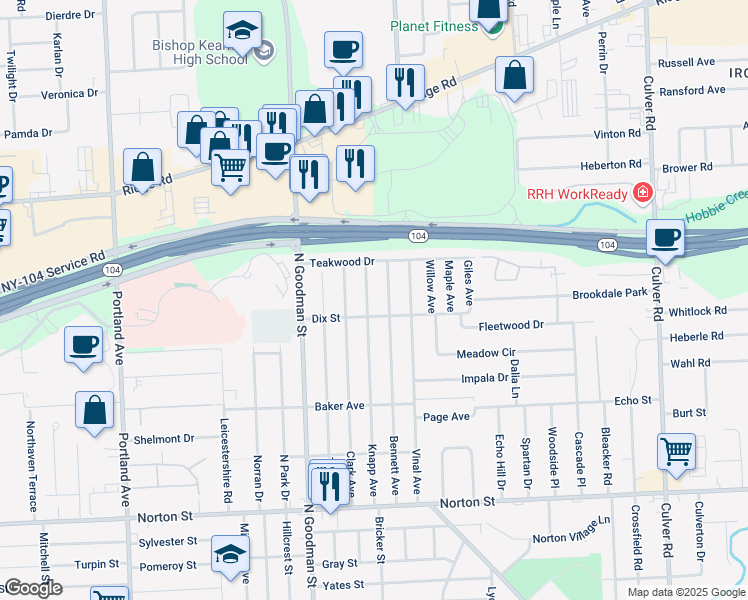 map of restaurants, bars, coffee shops, grocery stores, and more near 301 Knapp Avenue in Irondequoit