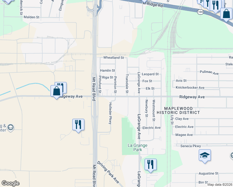 map of restaurants, bars, coffee shops, grocery stores, and more near 968 Ridgeway Avenue in Rochester